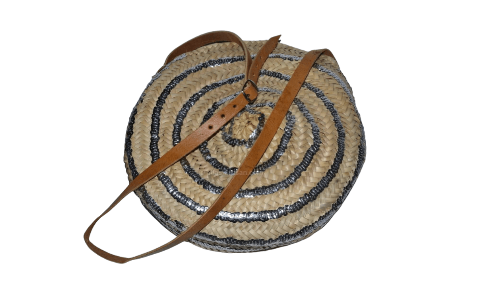 Sac rond en paille, anse et bandoulière cuir